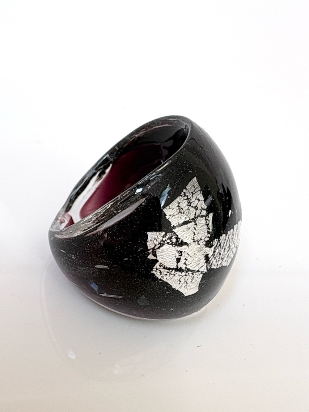 Black Resin Dome Ring with Silver Leaf Detail Size 6